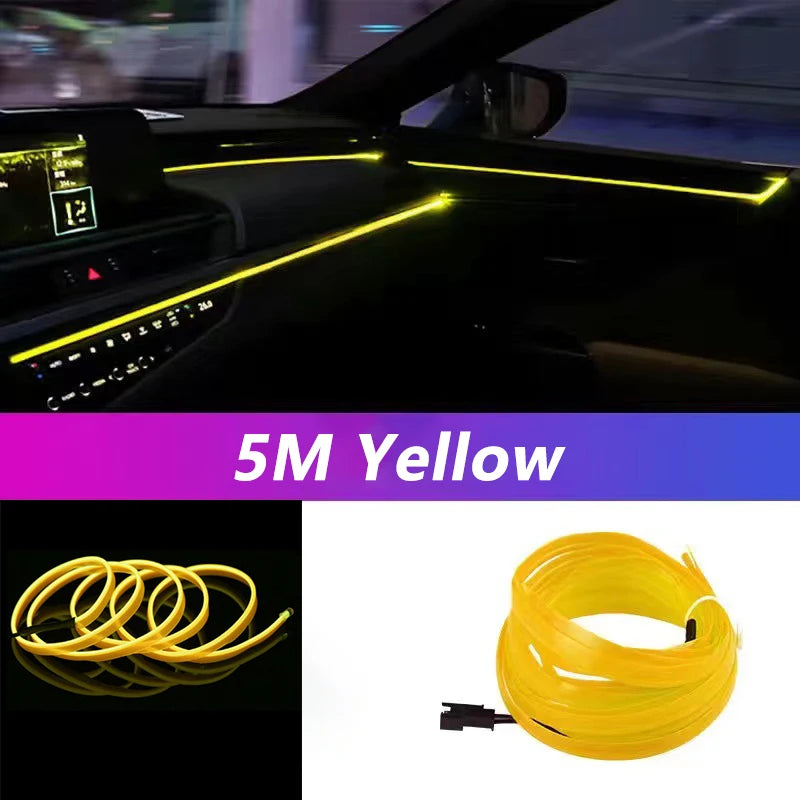 Yellow LED strip light inside a car with packaging showing 5M length