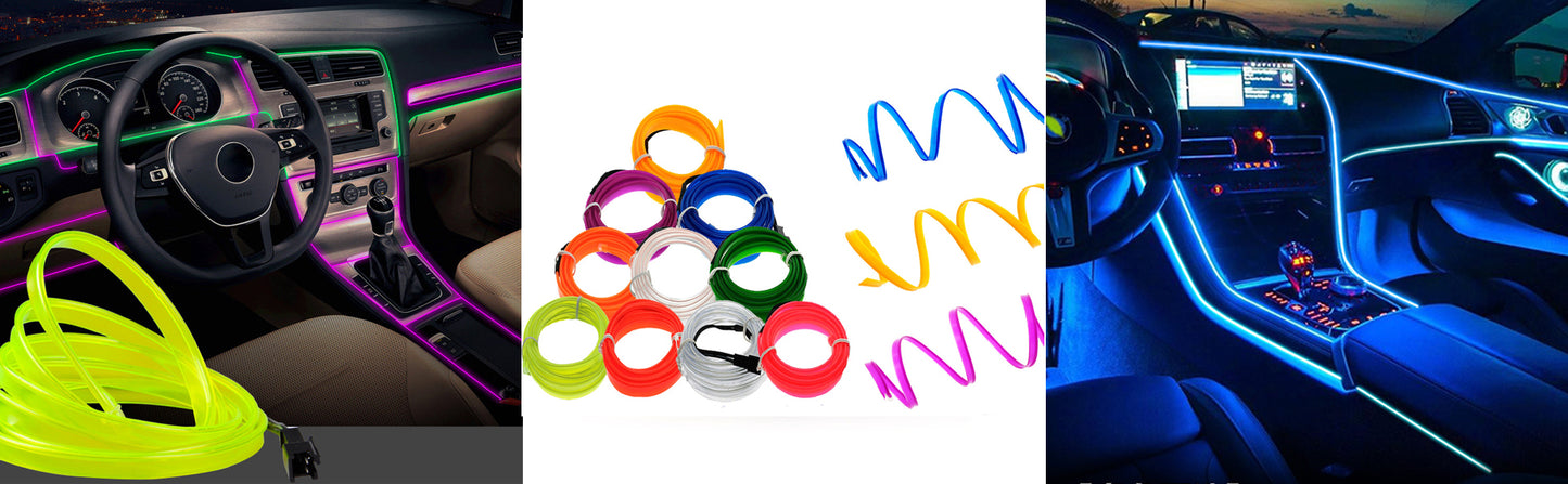 Car interior with colorful LED lights, LED ring lights, and car dashboard with LED lighting.