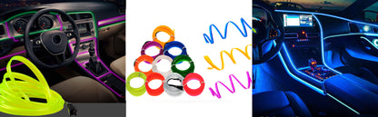 Car interior with colorful LED lights, LED ring lights, and car dashboard with LED lighting.