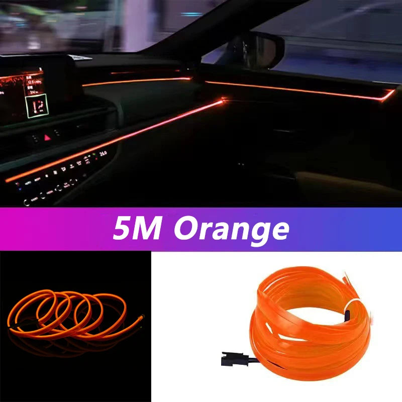 Car interior with orange LED strip lights and a coil of orange LED strip lights on a white background.