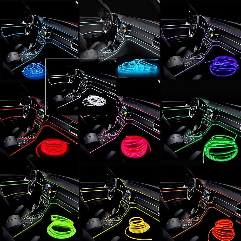 Car interior with multicolor LED strip lights for ambient lighting, automotive interior decoration, and RGB car accessories