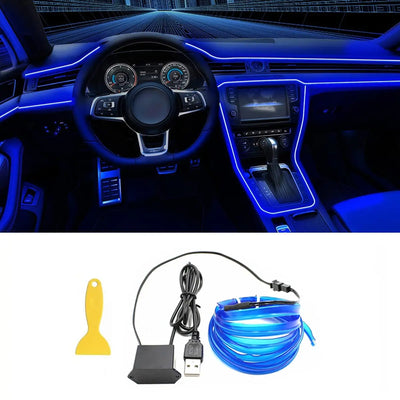 Car interior ambient LED strip light kit with blue neon glow effect
