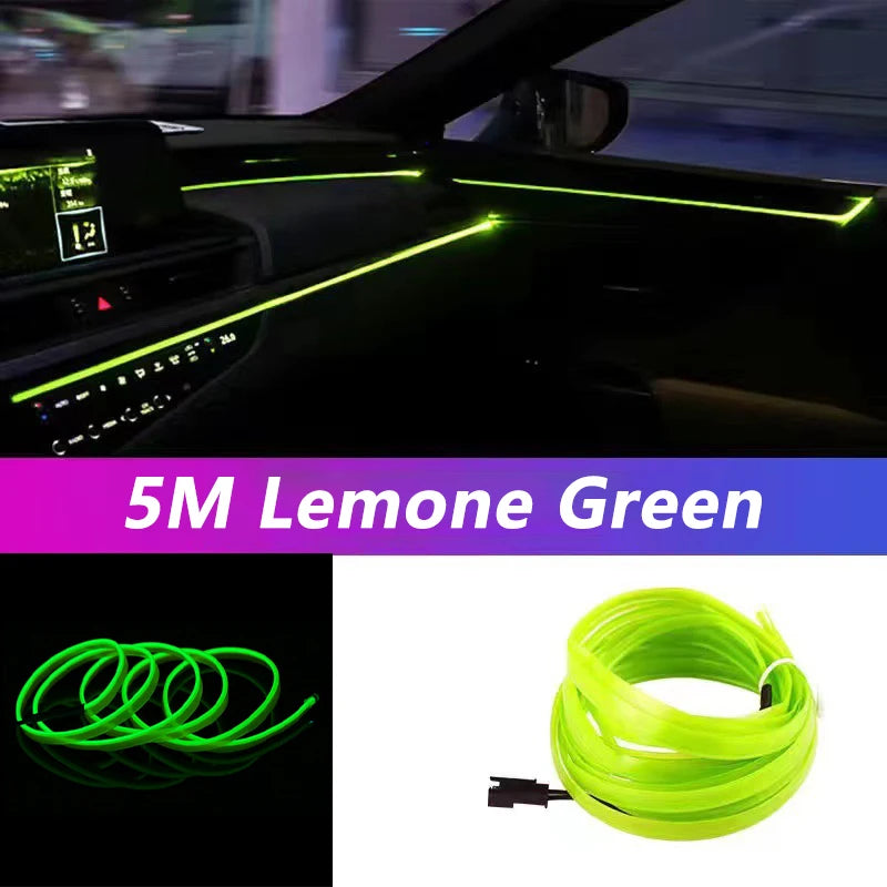 Car interior with neon green LED strip light and product packaging showing 5M Lemone Green LED strip.