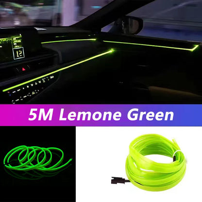 Car interior with neon green LED strip light and product packaging showing 5M Lemone Green LED strip.