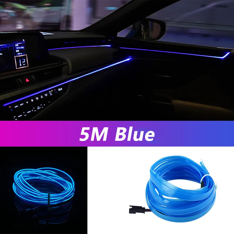Car interior with orange LED strip lights and a coil of orange LED strip lights on a white background.
