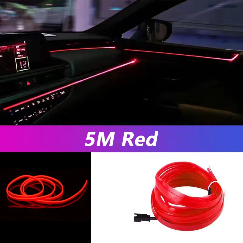 Car interior with red LED strip light and packaging showing 5M Red LED strip.