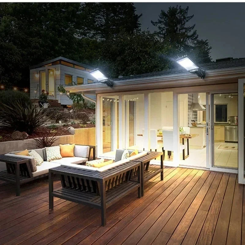 Luxury backyard patio design with wooden decking and modern outdoor lounge area