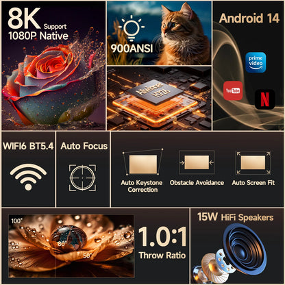 Magcubic Auto Focus Android14 4K Projector 900ANSI 8K Native 1080P HY350Max With Wifi6 BT5.4 16G Allwinner H726 Portable Outdoor