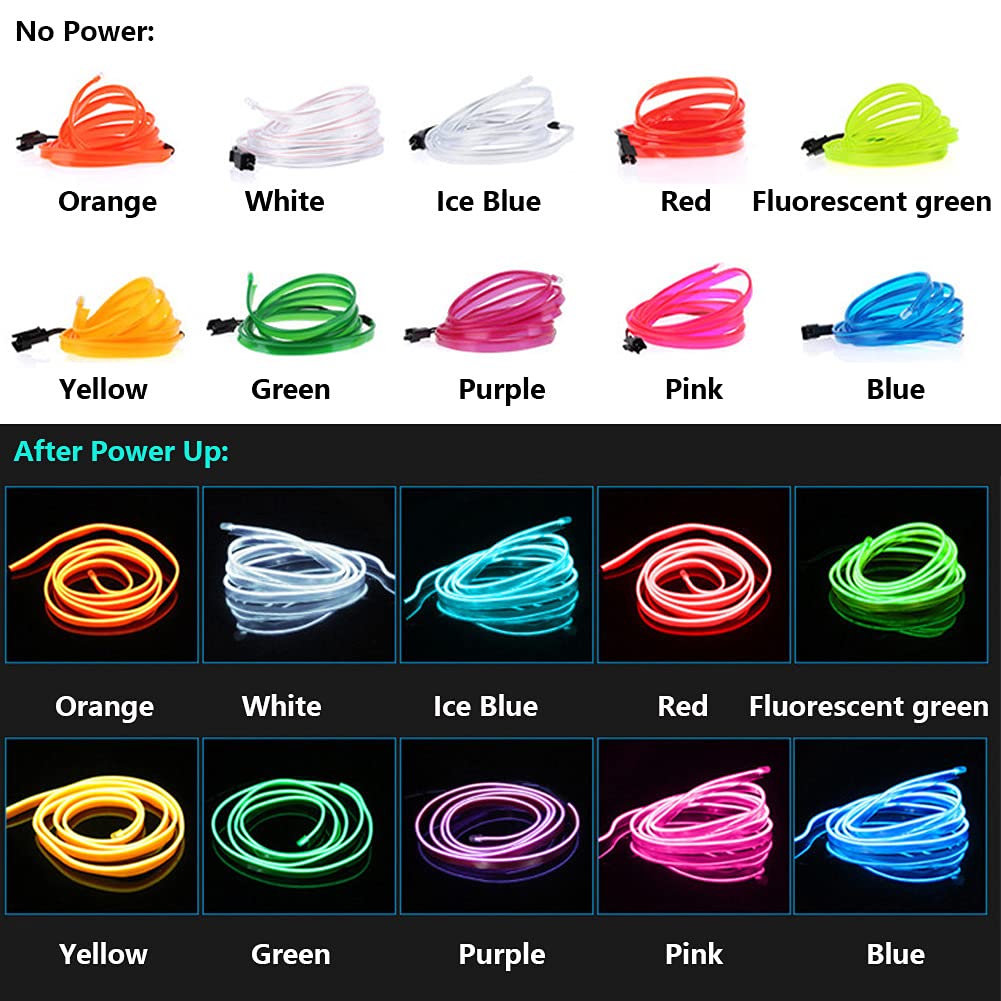 Color options for EL wire before and after power up, including orange, white, ice blue, red, fluorescent green, yellow, green, purple, pink, and blue