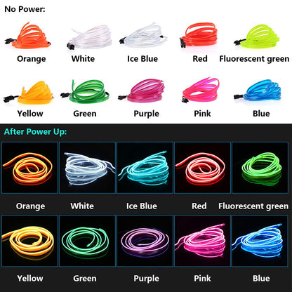 Color options for EL wire before and after power up, including orange, white, ice blue, red, fluorescent green, yellow, green, purple, pink, and blue