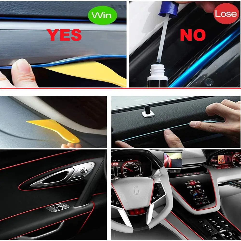Step-by-step guide on applying a car interior trim with visual indicators of correct and incorrect application.