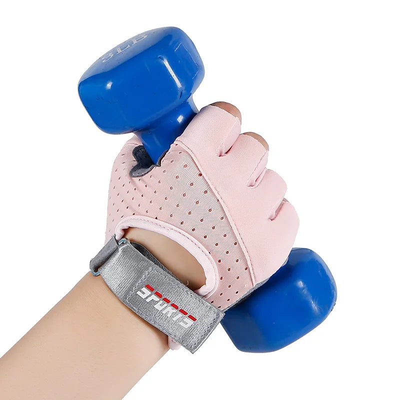 Pink fitness glove holding blue dumbbells for home workout, strength training, and gym exercise equipment on white background