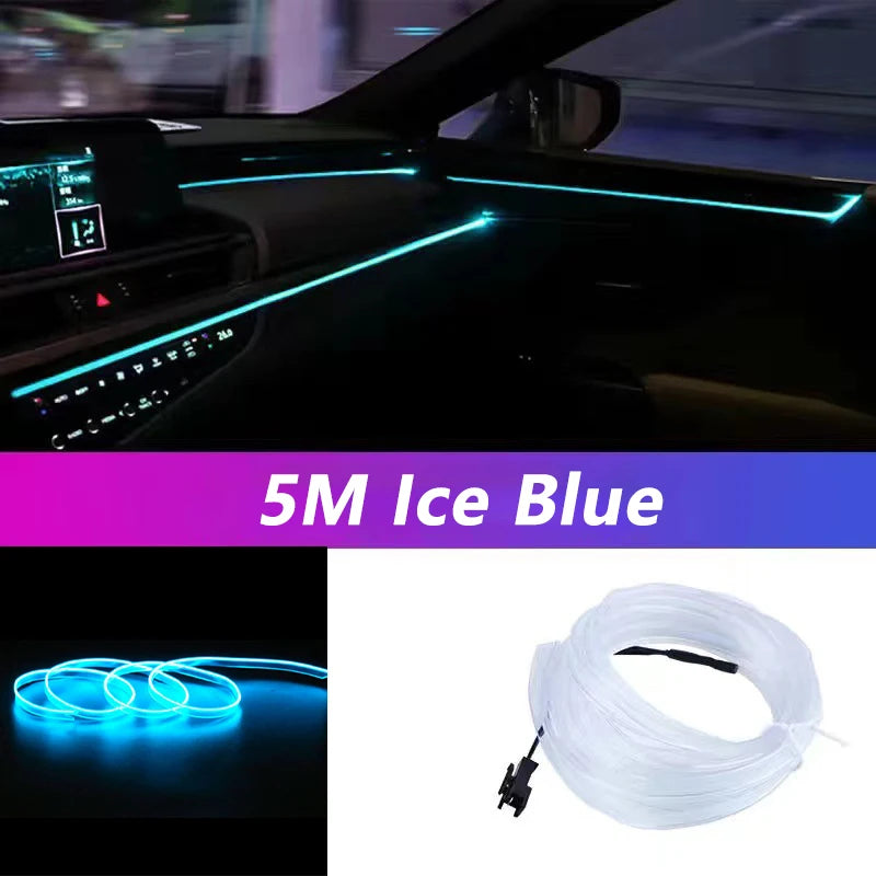 Car interior with ice blue LED strip light and product packaging showing 5M length.