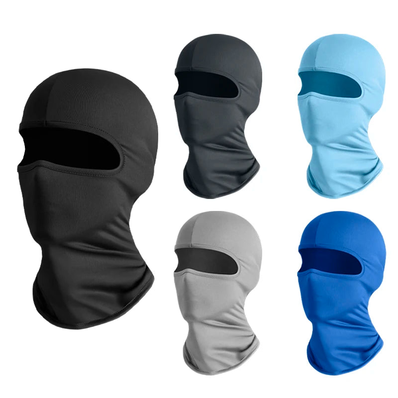 Winter balaclava face coverings in black, gray, and blue for cycling, skiing, and outdoor use