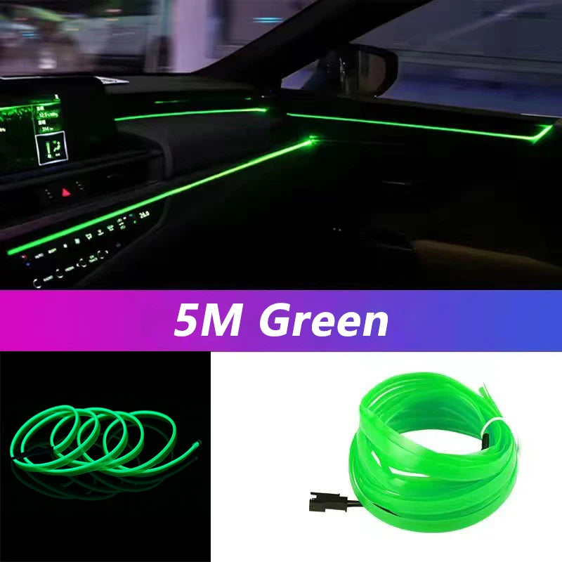 Green LED strip light inside a car with packaging and product images.