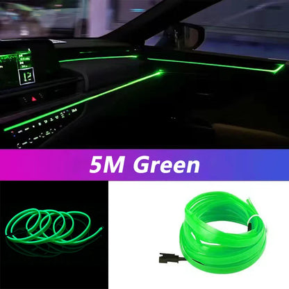 Green LED strip light inside a car with packaging and product images.