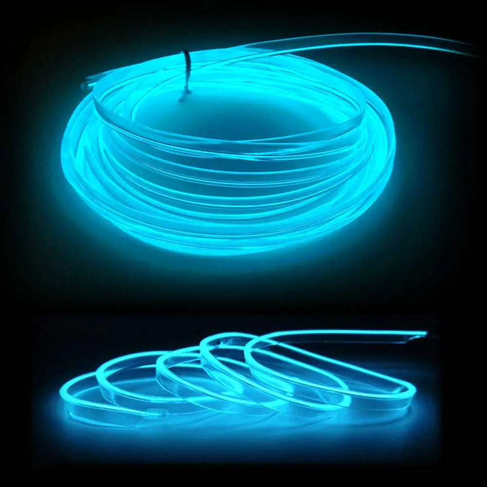 Blue LED strip light coiled on a black background