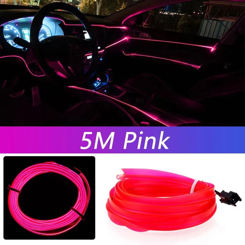 Car interior with pink LED strip lights and packaging showing 5M pink LED cable.