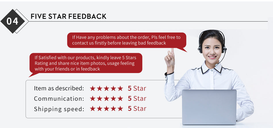 Person with a headset and laptop, surrounded by five-star feedback text on a white background