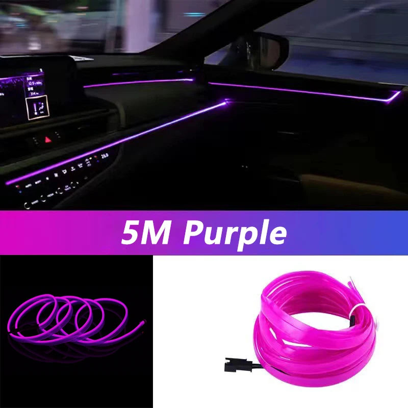 Car interior with purple LED strip light and a coil of purple LED strip light on a black background.
