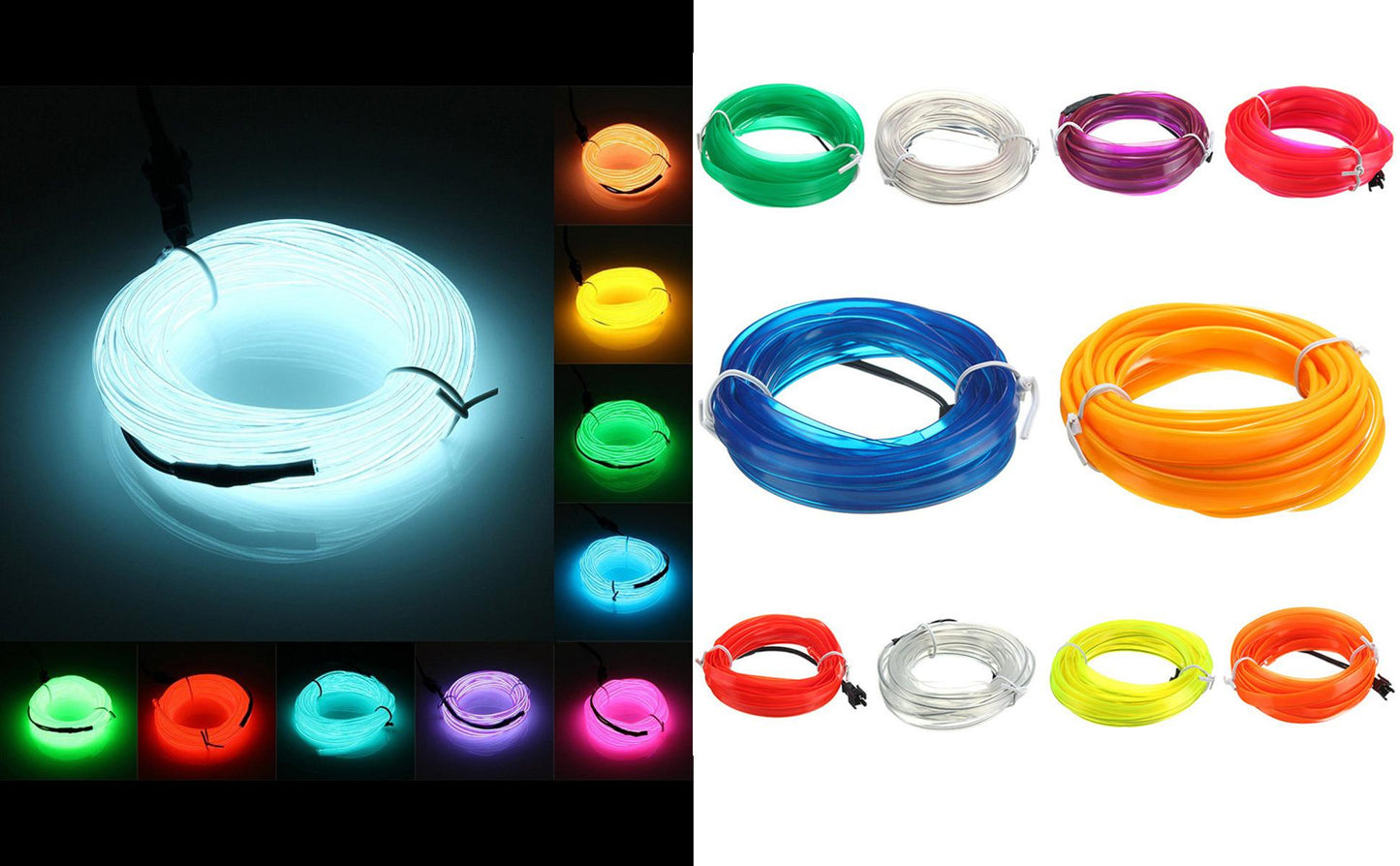 Colorful LED strip lights with various color options on a black background.