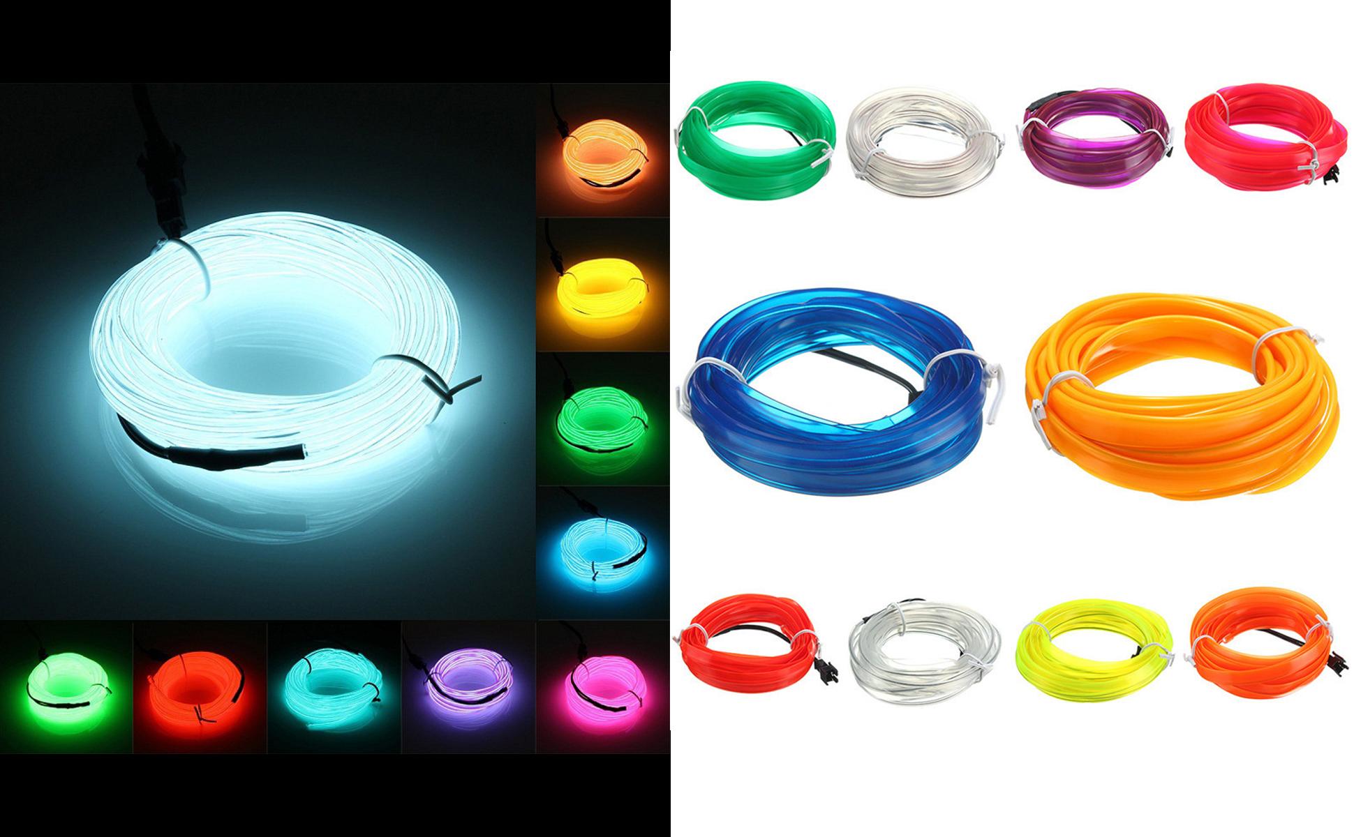Colorful LED strip lights with various color options on a black background.