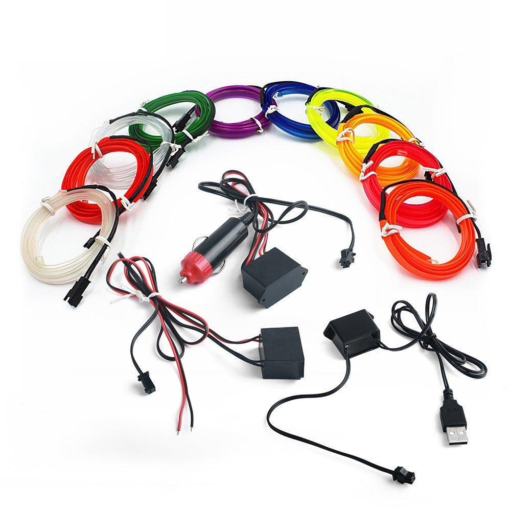 Colorful LED strip lights with connectors and power supplies on a white background