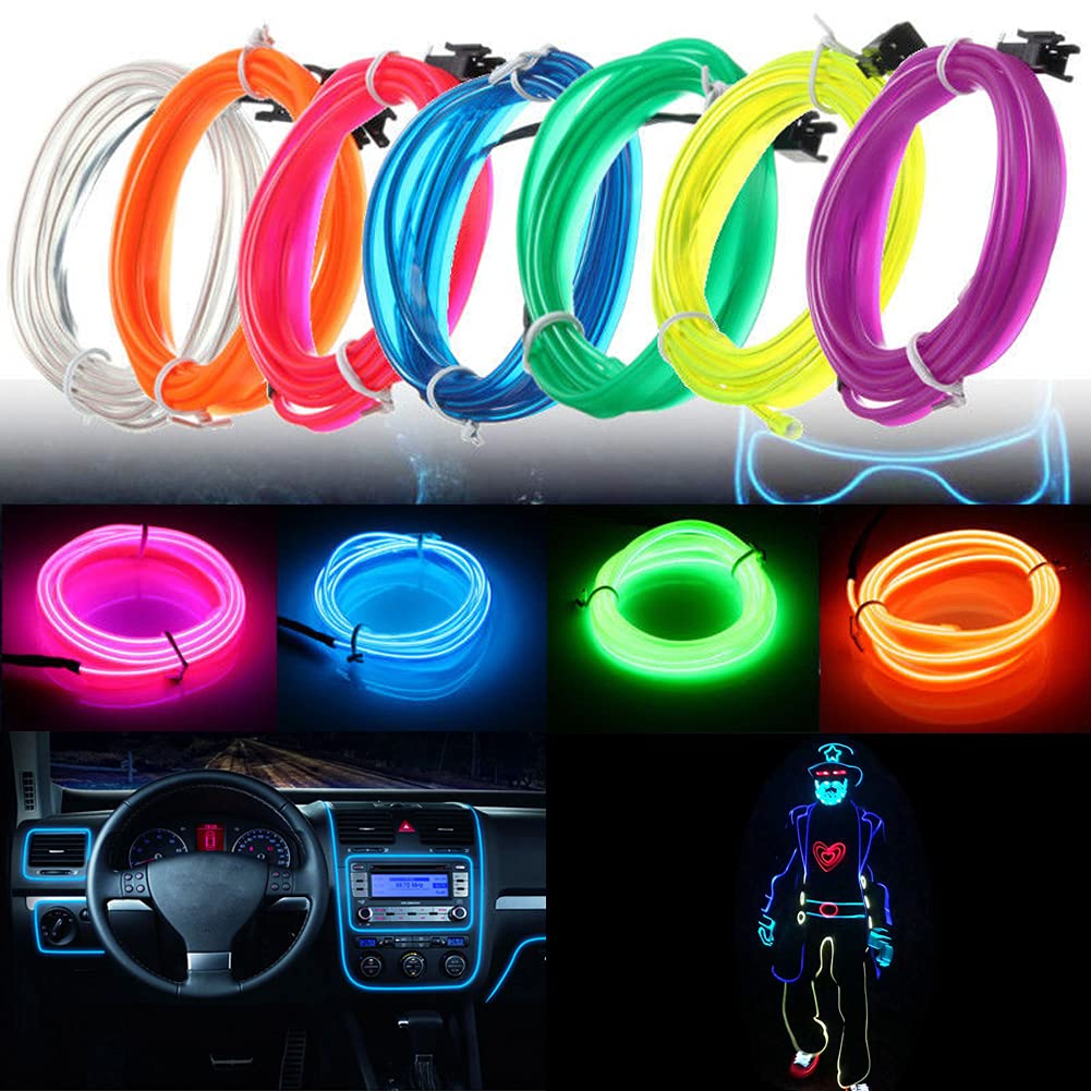 Set of colorful EL wire in various colors with examples of use inside a car and on a person.