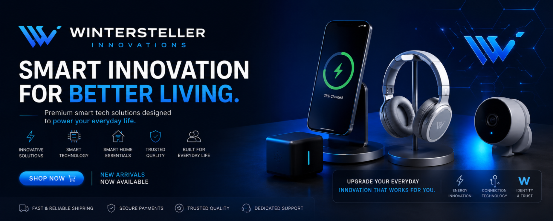 Innovative smart home technology products on dark blue background
