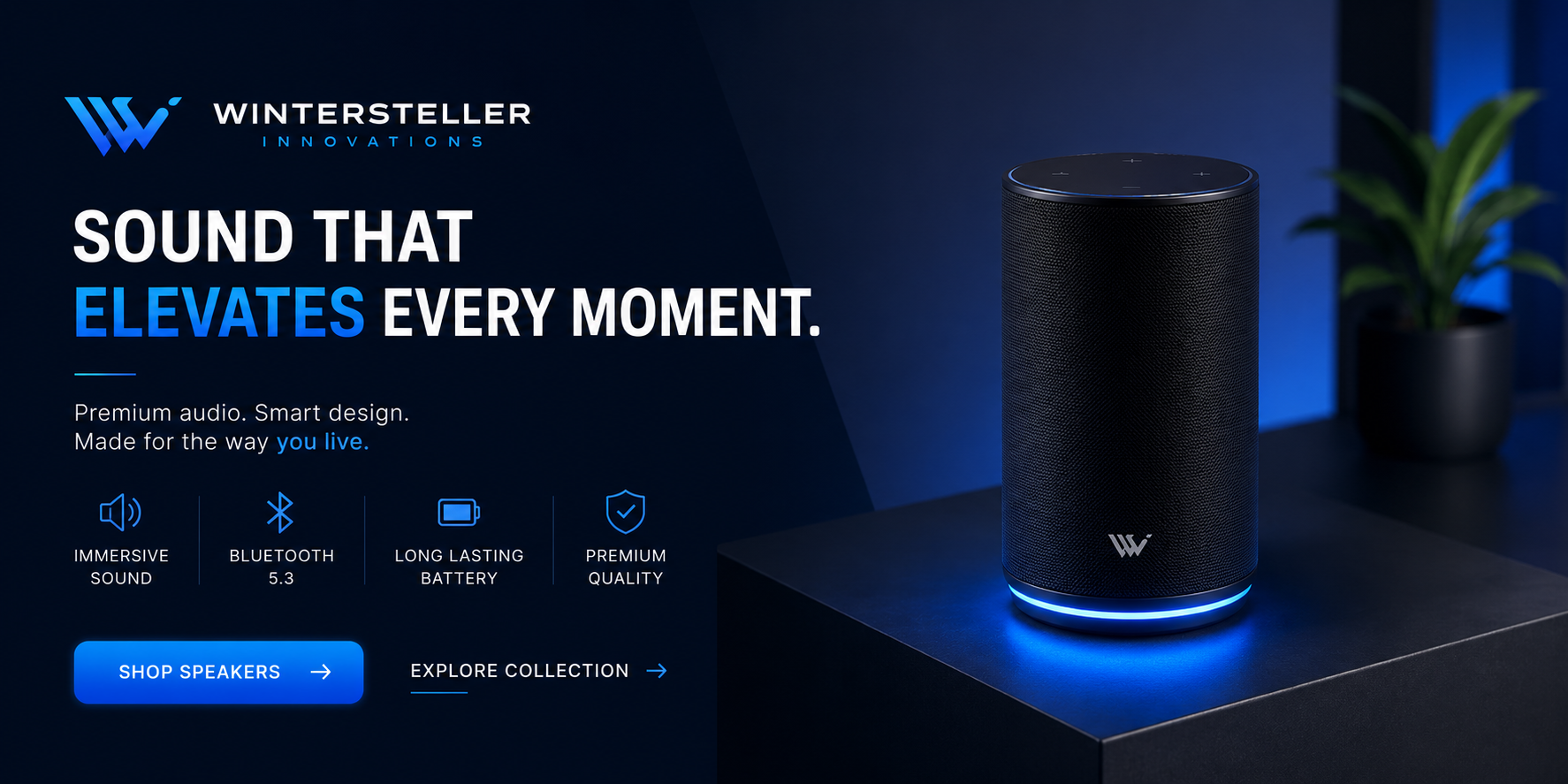 Modern black smart speaker with blue LED lighting by Wintersteller Innovations